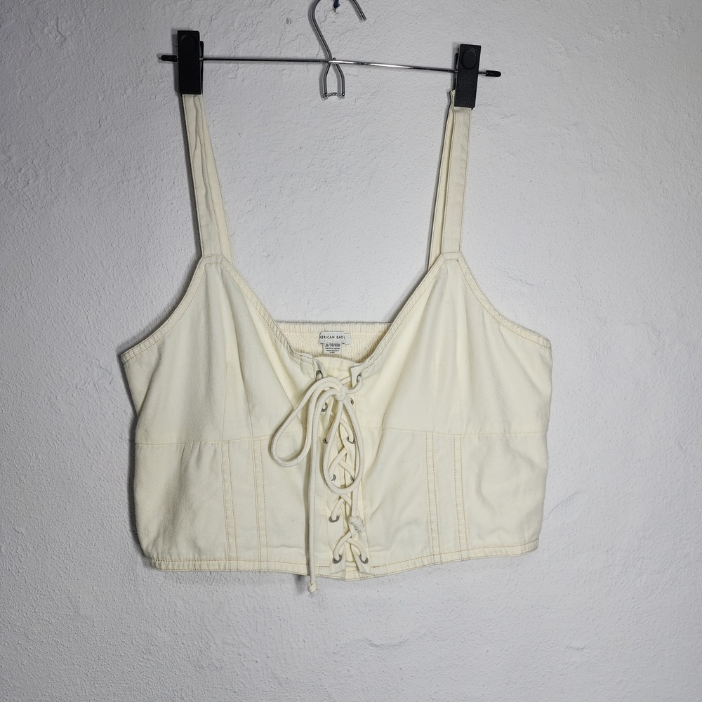 American Eagle Lace Up Corset Top Womens XL Cream Excellent Smocked Back Boho
